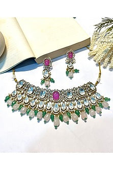 Gold Finish Pastel Green Kundan Polki Choker Necklace Set
