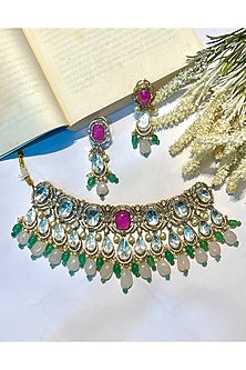 Gold Finish Pastel Green Kundan Polki Choker Necklace Set