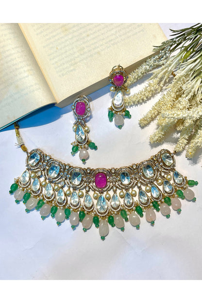 Gold Finish Pastel Green Kundan Polki Choker Necklace Set