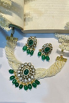 Gold Finish Kundan Polki & Green Stone Choker Necklace Set