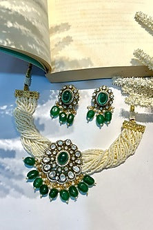 Gold Finish Kundan Polki & Green Stone Choker Necklace Set