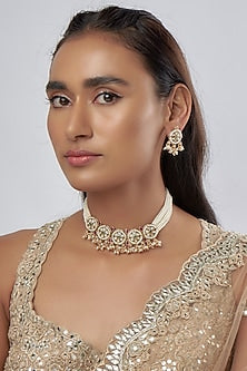 Gold Finish Zircon & Pearl Choker Necklace Set