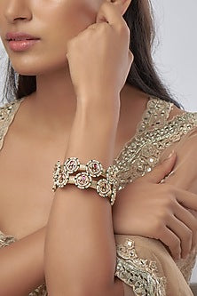 Gold Finish Stone & Pearl Temple Bangles (Set Of 2)