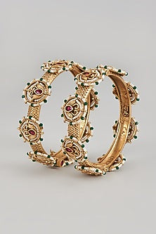 Gold Finish Stone & Pearl Temple Bangles (Set Of 2)
