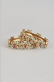 Gold Finish Stone & Pearl Temple Bangles (Set Of 2)
