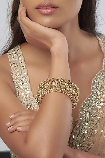 Gold Finish Stone & Pearl Filigree Bangles (Set Of 2)