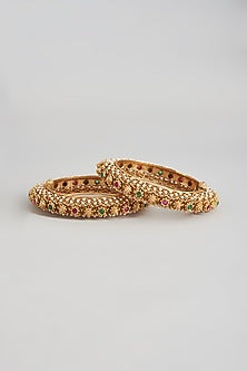 Gold Finish Stone & Pearl Filigree Bangles (Set Of 2)