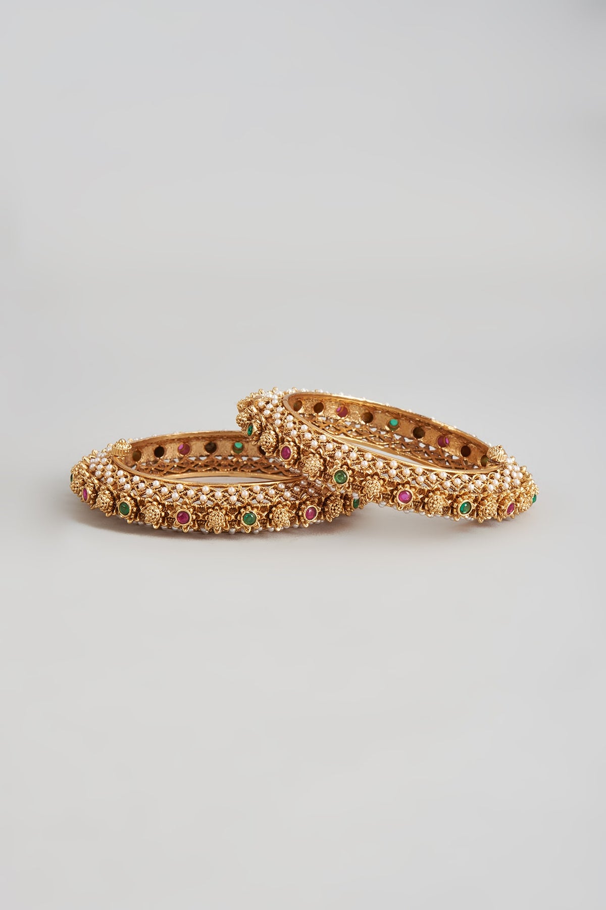 Gold Finish Stone & Pearl Filigree Bangles (Set Of 2)