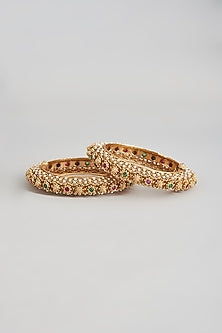 Gold Finish Stone & Pearl Filigree Bangles (Set Of 2)