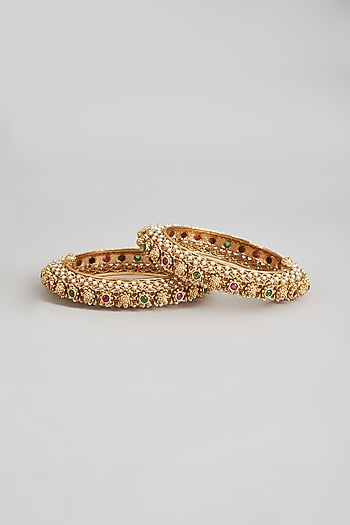 Gold Finish Stone & Pearl Filigree Bangles (Set Of 2)
