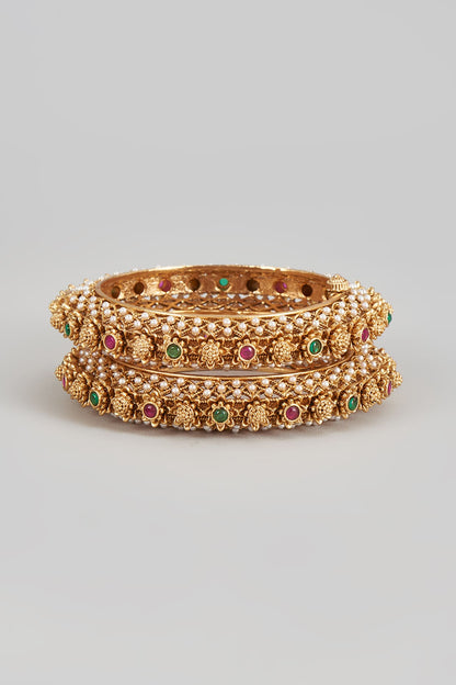Gold Finish Stone & Pearl Filigree Bangles (Set Of 2)