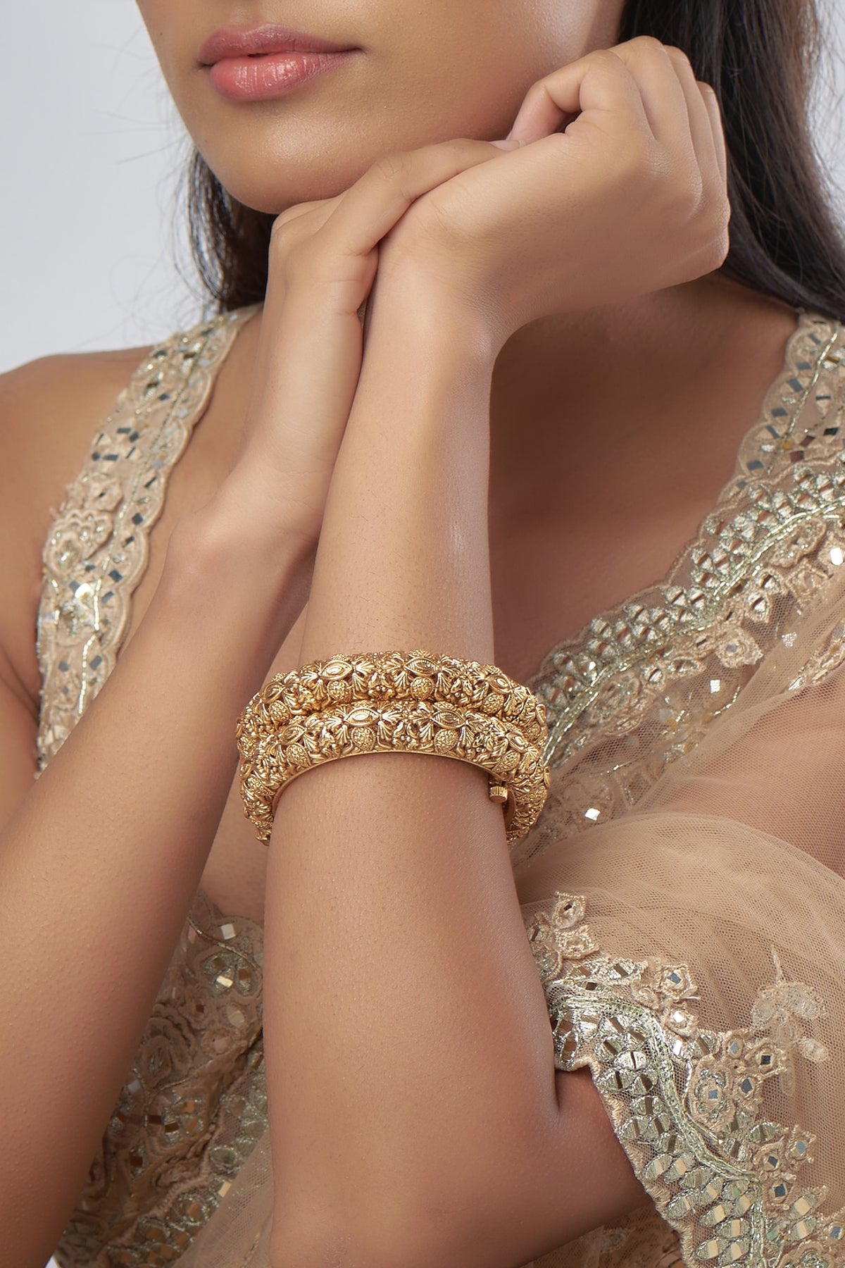 Gold Finish Temple Carved Bangles (Set Of 2)