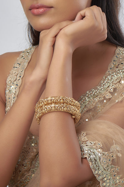 Gold Finish Temple Carved Bangles (Set Of 2)