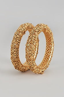 Gold Finish Temple Carved Bangles (Set Of 2)