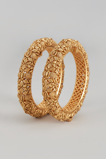 Gold Finish Temple Carved Bangles (Set Of 2)