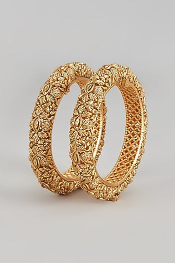 Gold Finish Temple Carved Bangles (Set Of 2)