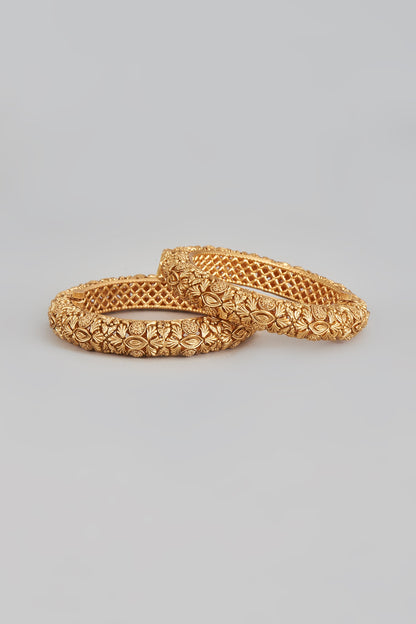 Gold Finish Temple Carved Bangles (Set Of 2)