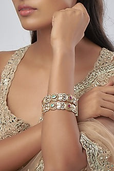 Gold Finish Stone & Pearl Filigree Bangles (Set Of 2)