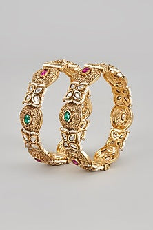 Gold Finish Stone & Pearl Filigree Bangles (Set Of 2)