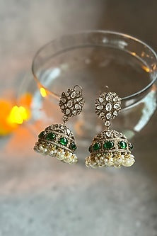 Gold Finish Kundan Polki & Green Stone Jhumka Earrings