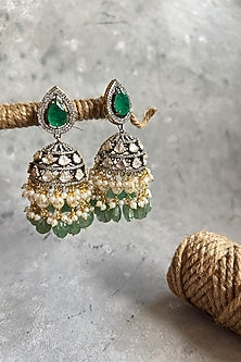 Gold Finish Kundan Polki & Jade Green Beaded Jhumka Earrings