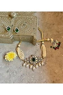 Gold Finish Kundan Polki & Green Stone Choker Necklace Set