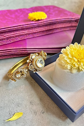 Gold Finish Kundan Polki Carved Openable Bangle