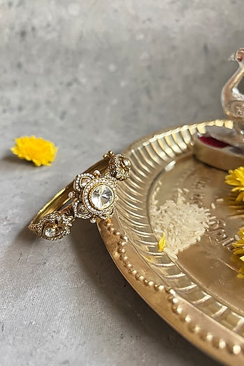 Gold Finish Kundan Polki Carved Openable Bangle