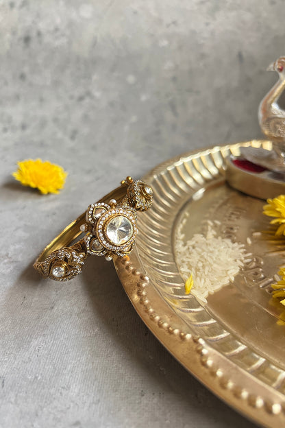 Gold Finish Kundan Polki Carved Openable Bangle