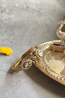 Gold Finish Kundan Polki Carved Openable Bangle