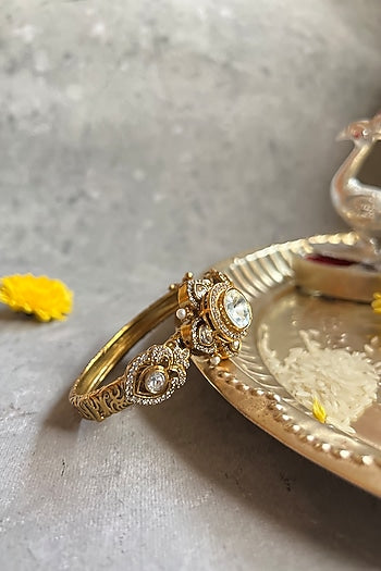 Gold Finish Kundan Polki Carved Openable Bangle