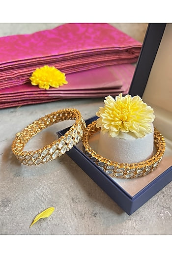 Gold Finish Moissanite Polki Openable Bangle (Set of 2)