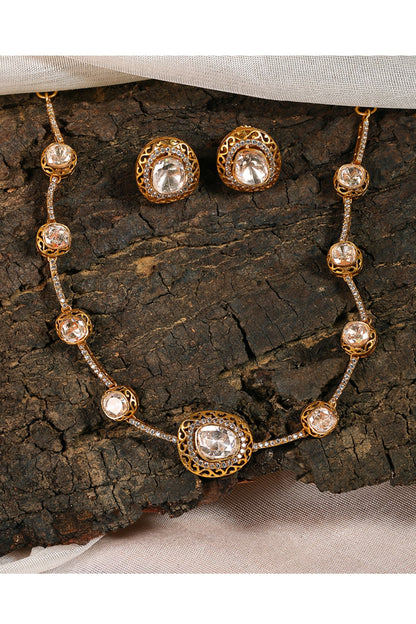 Antique Gold Finish Zircon & Champagne Kundan Polki Choker Necklace Set