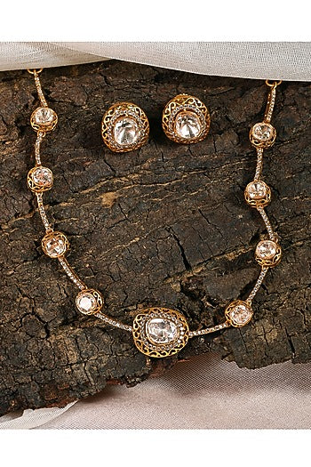 Antique Gold Finish Zircon & Champagne Kundan Polki Choker Necklace Set