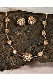 Antique Gold Finish Zircon & Champagne Kundan Polki Choker Necklace Set