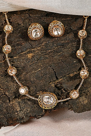 Antique Gold Finish Zircon & Champagne Kundan Polki Choker Necklace Set