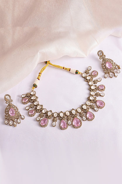 Antique Gold Finish Pastel Pink Stone & Kundan Polki Choker Necklace Set