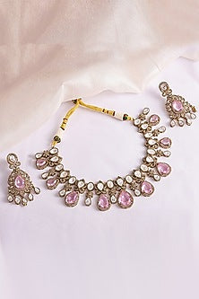 Antique Gold Finish Pastel Pink Stone & Kundan Polki Choker Necklace Set