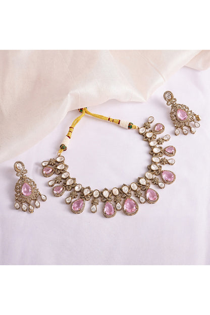 Antique Gold Finish Pastel Pink Stone & Kundan Polki Choker Necklace Set