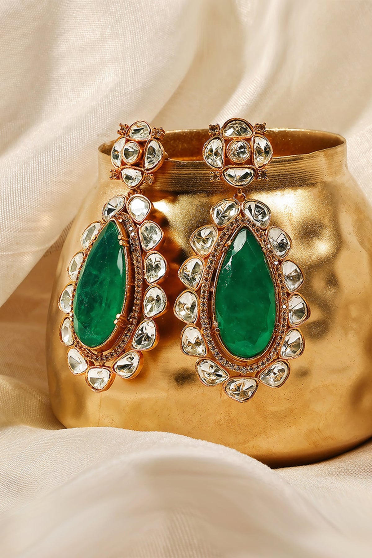 Gold Finish Kundan Polki & Green Panna Stone Dangler Earrings