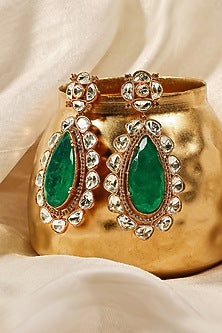 Gold Finish Kundan Polki & Green Panna Stone Dangler Earrings