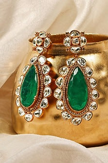Gold Finish Kundan Polki & Green Panna Stone Dangler Earrings