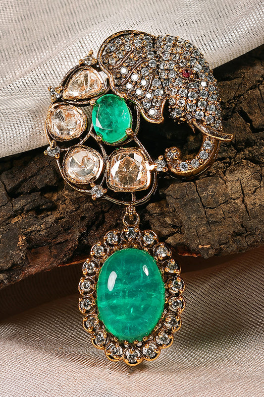 Antique Gold Finish Kundan Polki & Emerald Stone Brooch