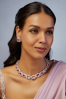 White Finish Zircon & Blush Pink Stone Choker Necklace Set