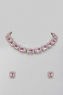 White Finish Zircon & Blush Pink Stone Choker Necklace Set