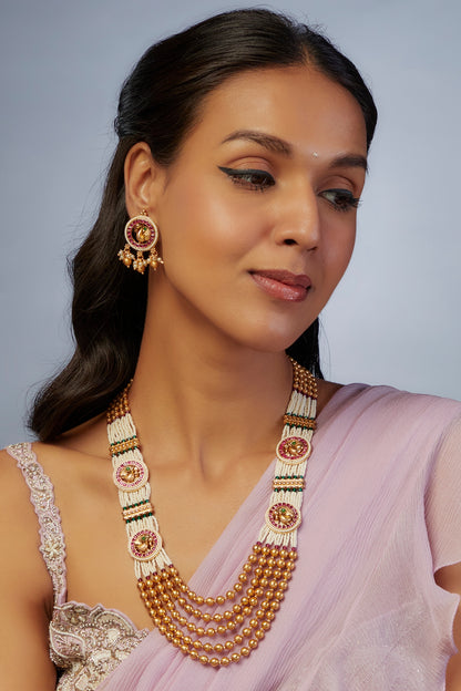 Gold Finish Pearl Temple Long Necklace Set