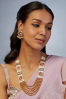 Gold Finish Pearl Temple Long Necklace Set