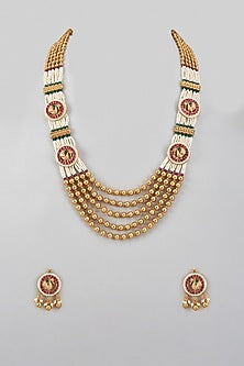 Gold Finish Pearl Temple Long Necklace Set