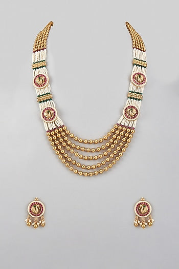 Gold Finish Pearl Temple Long Necklace Set