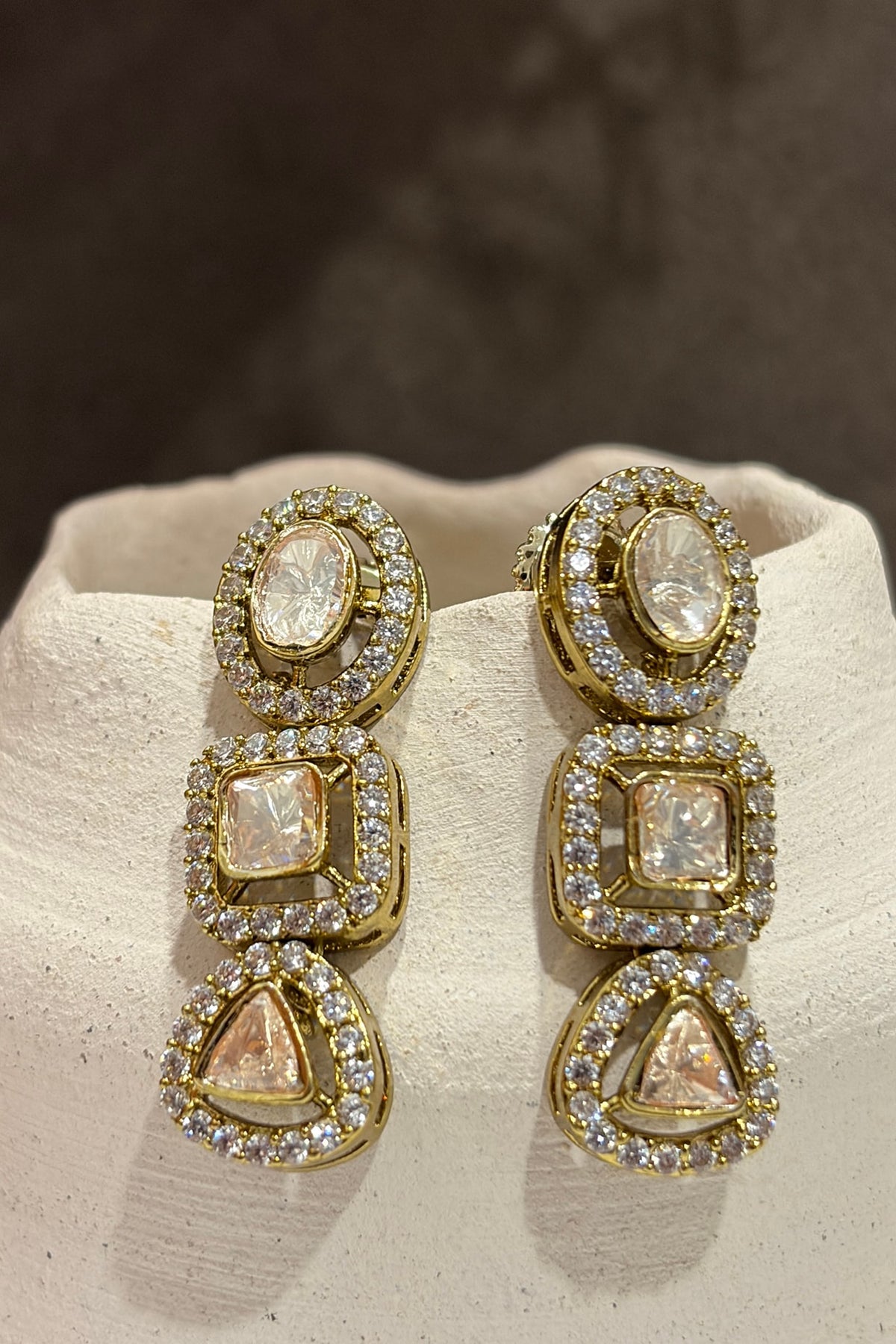 Gold Finish Kundan Polki Dangler Earrings